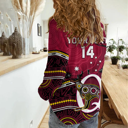 Personalised QLD Maroons Rugby Women Casual Shirt Go Queensland Kangaroo Indigenous LT14