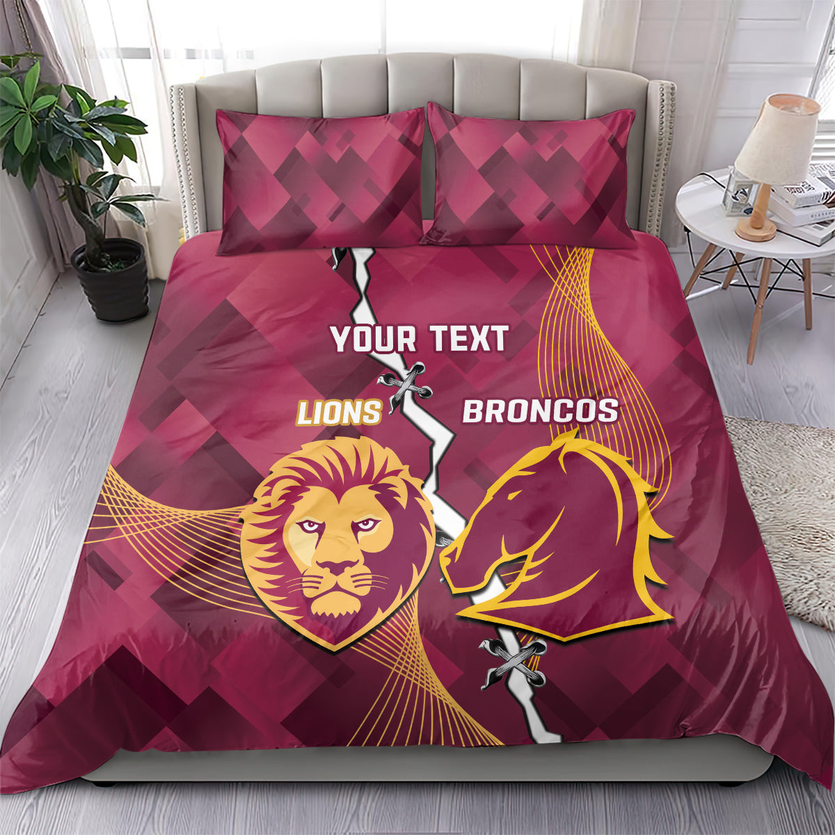 Personalised Lions Football And Broncos Rugby Bedding Set Sporty Version