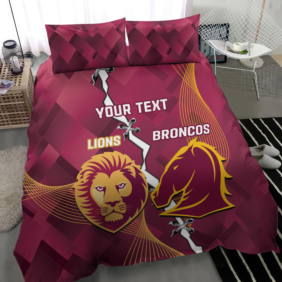 Personalised Lions Football And Broncos Rugby Bedding Set Sporty Version