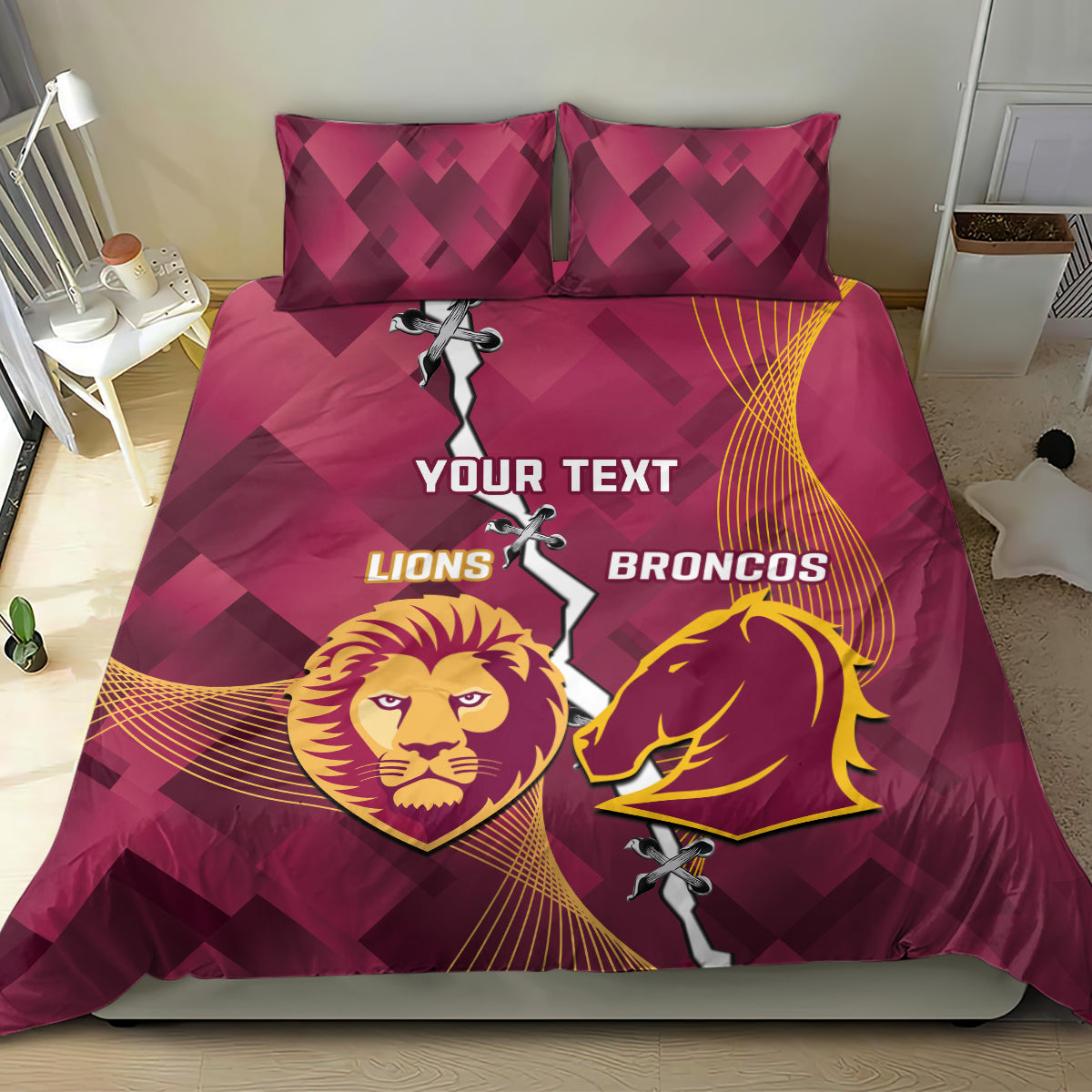 Personalised Lions Football And Broncos Rugby Bedding Set Sporty Version
