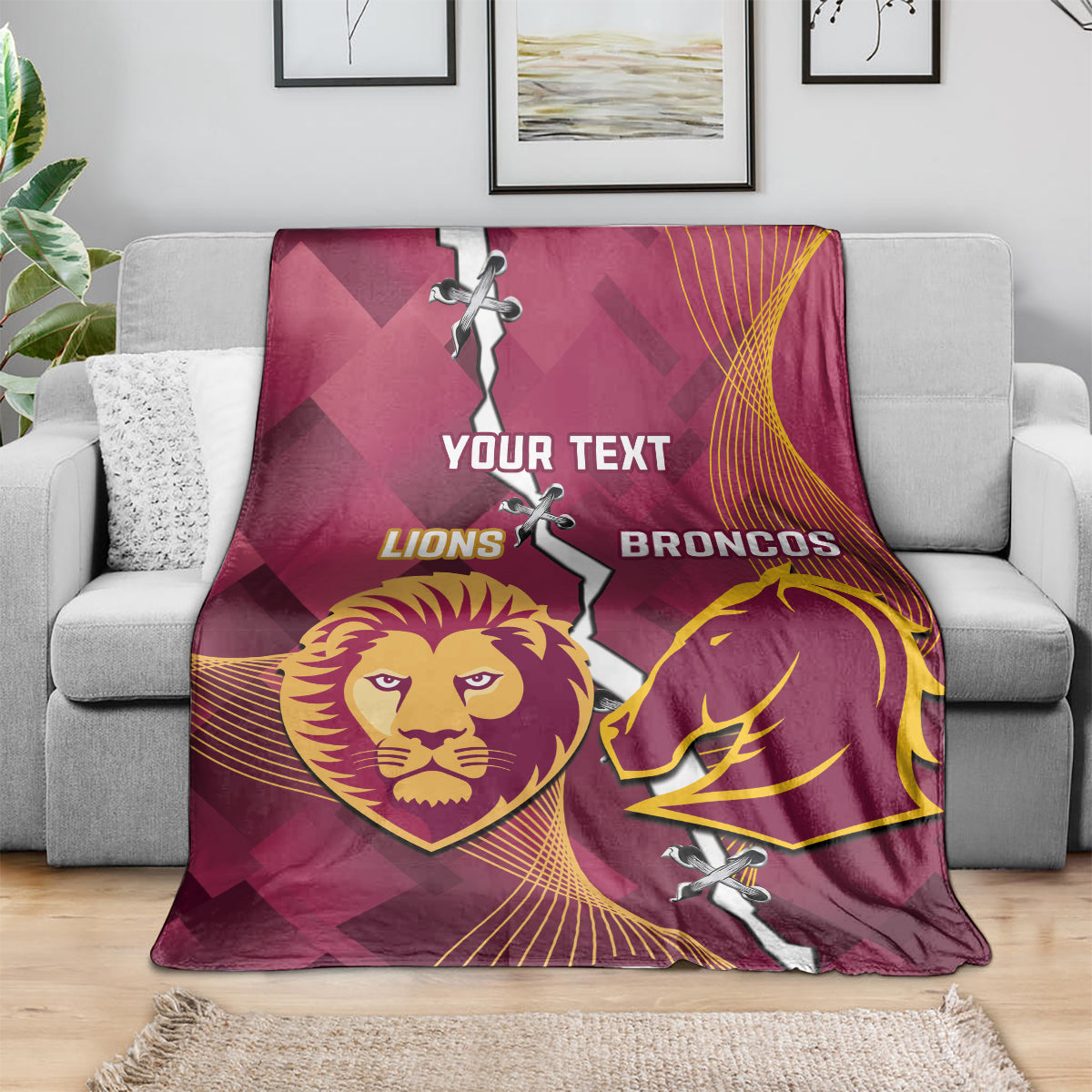 Personalised Lions Football And Broncos Rugby Blanket Sporty Version