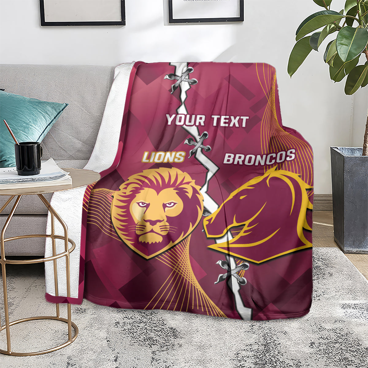 Personalised Lions Football And Broncos Rugby Blanket Sporty Version