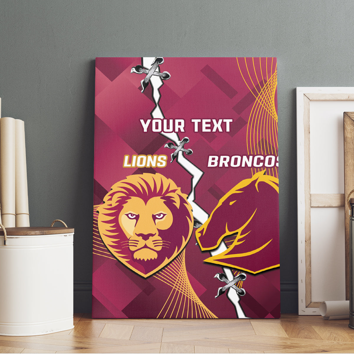 Personalised Lions Football And Broncos Rugby Canvas Wall Art Sporty Version