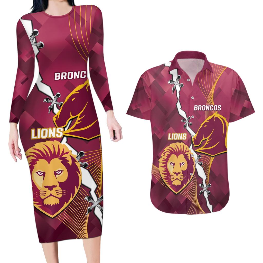 Personalised Lions Football And Broncos Rugby Couples Matching Long Sleeve Bodycon Dress and Hawaiian Shirt Sporty Version