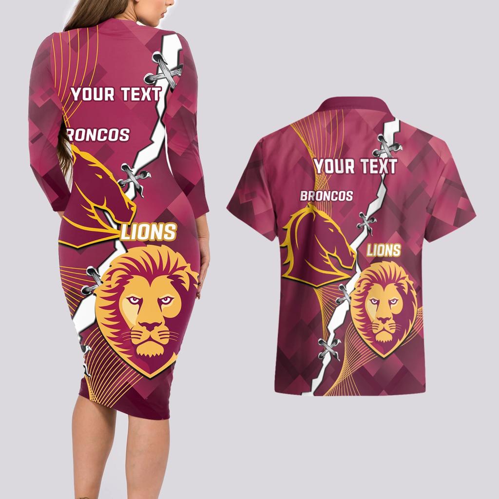 Personalised Lions Football And Broncos Rugby Couples Matching Long Sleeve Bodycon Dress and Hawaiian Shirt Sporty Version