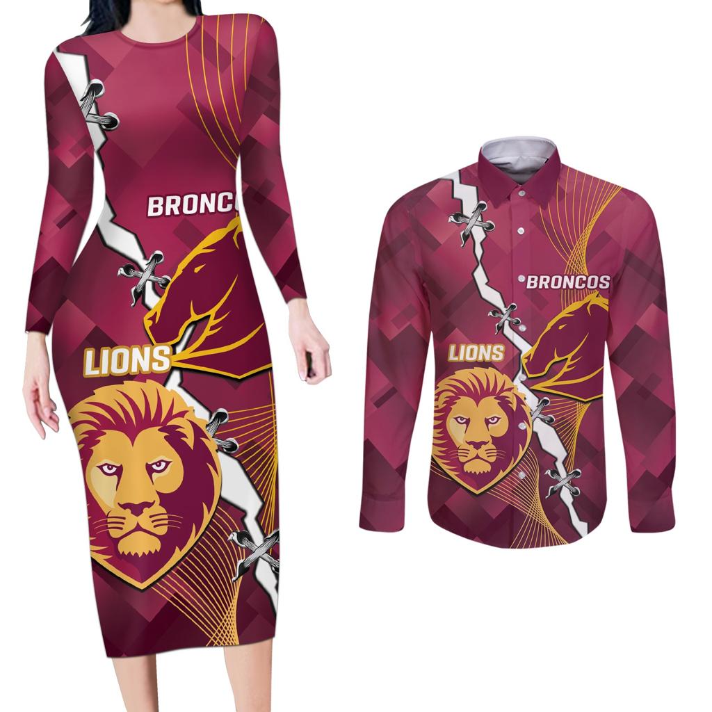 Personalised Lions Football And Broncos Rugby Couples Matching Long Sleeve Bodycon Dress and Long Sleeve Button Shirt Sporty Version