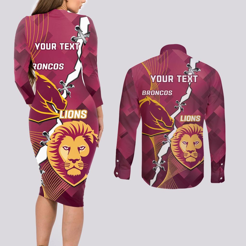 Personalised Lions Football And Broncos Rugby Couples Matching Long Sleeve Bodycon Dress and Long Sleeve Button Shirt Sporty Version
