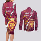 Personalised Lions Football And Broncos Rugby Couples Matching Long Sleeve Bodycon Dress and Long Sleeve Button Shirt Sporty Version