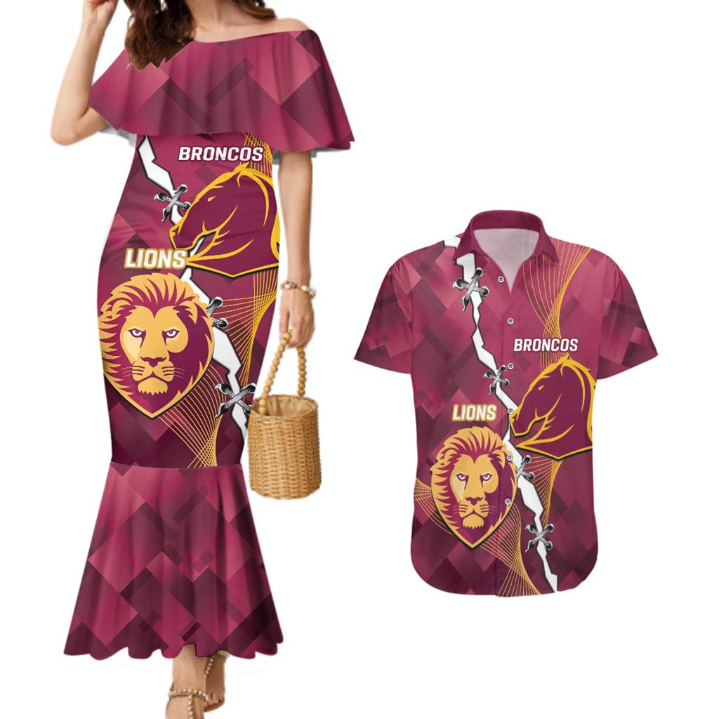 Personalised Lions Football And Broncos Rugby Couples Matching Mermaid Dress and Hawaiian Shirt Sporty Version