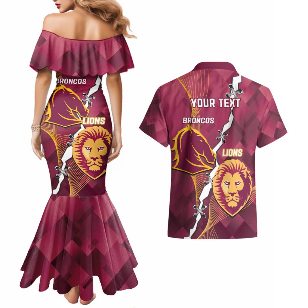 Personalised Lions Football And Broncos Rugby Couples Matching Mermaid Dress and Hawaiian Shirt Sporty Version