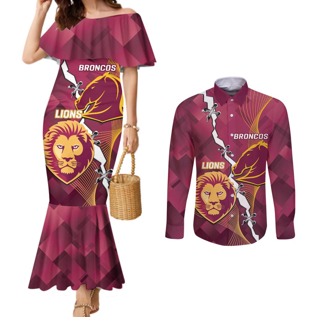 Personalised Lions Football And Broncos Rugby Couples Matching Mermaid Dress and Long Sleeve Button Shirt Sporty Version