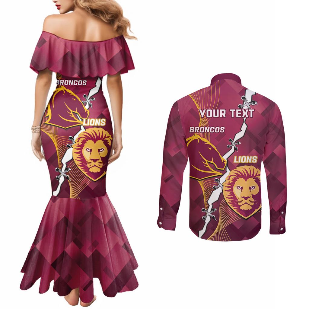 Personalised Lions Football And Broncos Rugby Couples Matching Mermaid Dress and Long Sleeve Button Shirt Sporty Version