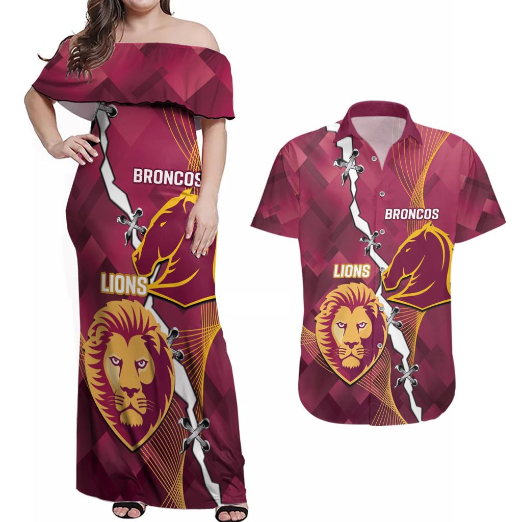 Personalised Lions Football And Broncos Rugby Couples Matching Off Shoulder Maxi Dress and Hawaiian Shirt Sporty Version