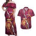 Personalised Lions Football And Broncos Rugby Couples Matching Off Shoulder Maxi Dress and Hawaiian Shirt Sporty Version