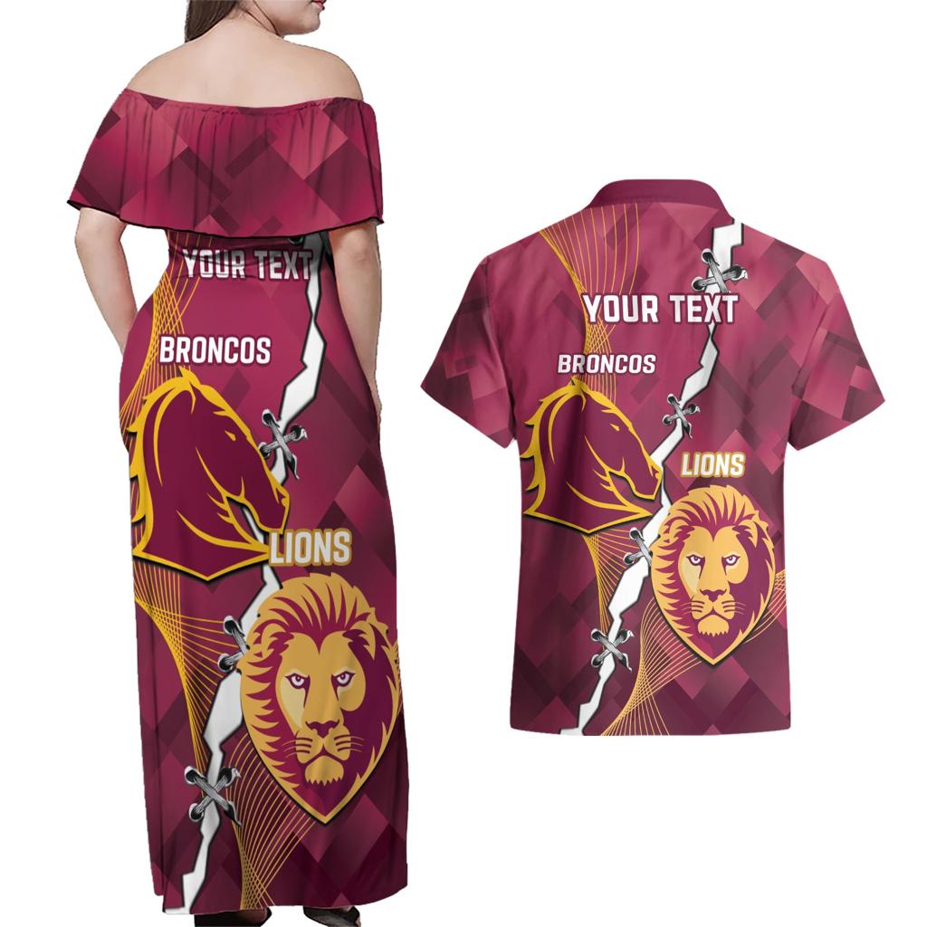 Personalised Lions Football And Broncos Rugby Couples Matching Off Shoulder Maxi Dress and Hawaiian Shirt Sporty Version
