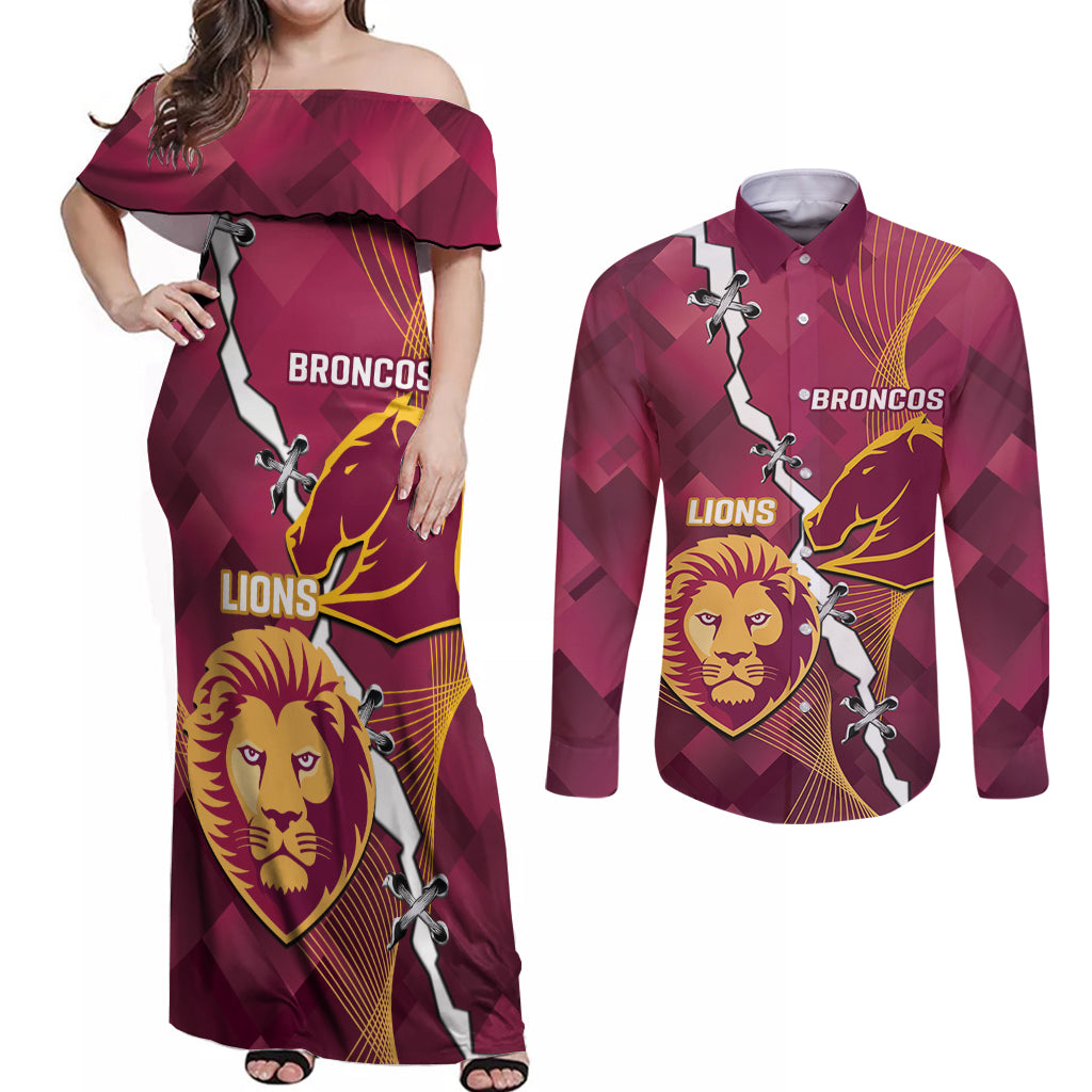 Personalised Lions Football And Broncos Rugby Couples Matching Off Shoulder Maxi Dress and Long Sleeve Button Shirt Sporty Version