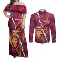 Personalised Lions Football And Broncos Rugby Couples Matching Off Shoulder Maxi Dress and Long Sleeve Button Shirt Sporty Version