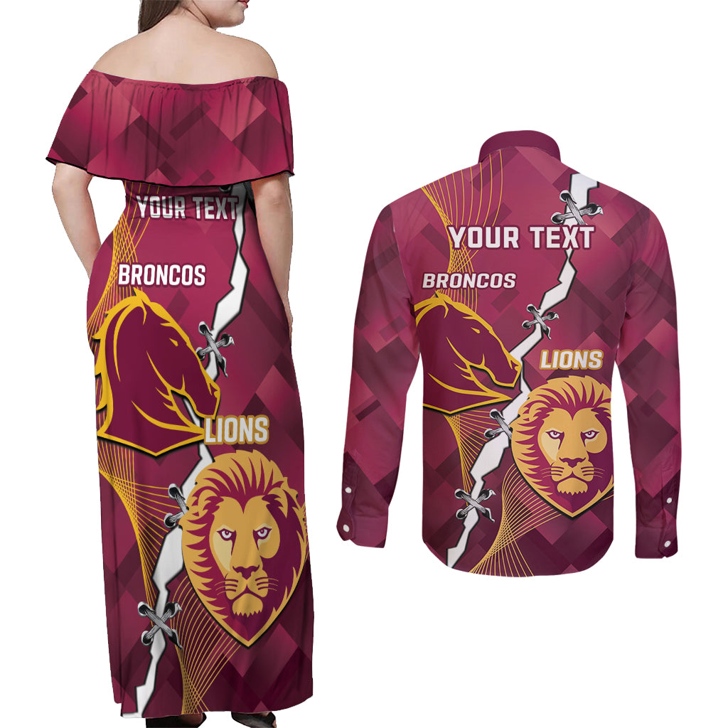 Personalised Lions Football And Broncos Rugby Couples Matching Off Shoulder Maxi Dress and Long Sleeve Button Shirt Sporty Version