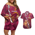 Personalised Lions Football And Broncos Rugby Couples Matching Off Shoulder Short Dress and Hawaiian Shirt Sporty Version