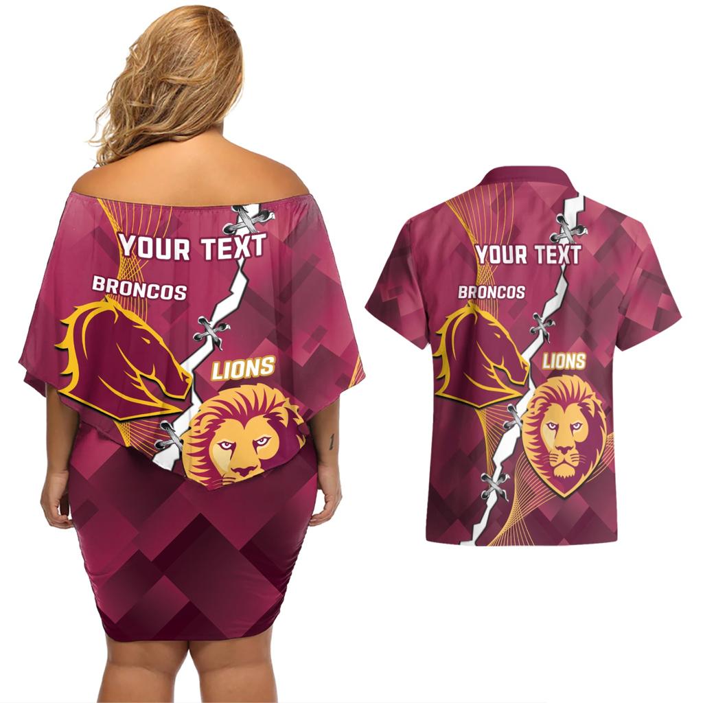 Personalised Lions Football And Broncos Rugby Couples Matching Off Shoulder Short Dress and Hawaiian Shirt Sporty Version