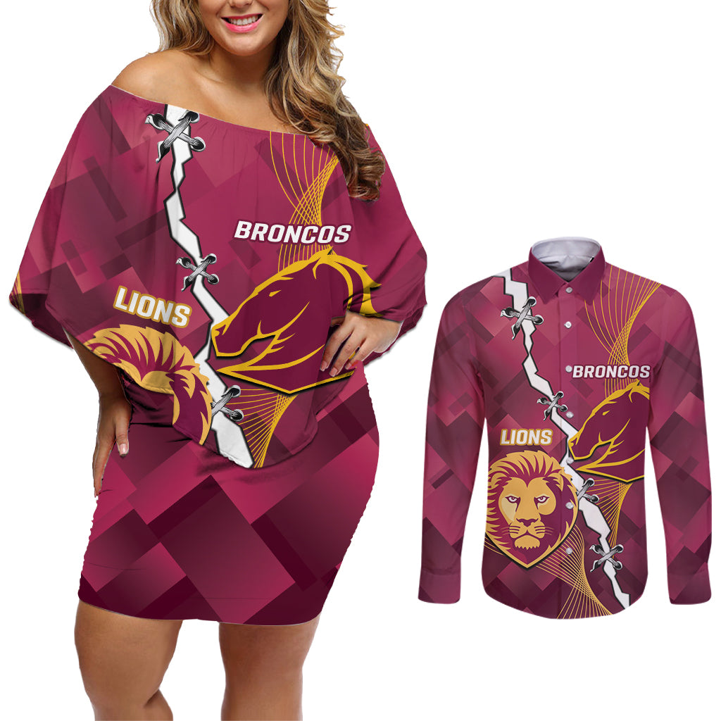 Personalised Lions Football And Broncos Rugby Couples Matching Off Shoulder Short Dress and Long Sleeve Button Shirt Sporty Version