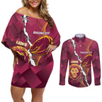 Personalised Lions Football And Broncos Rugby Couples Matching Off Shoulder Short Dress and Long Sleeve Button Shirt Sporty Version