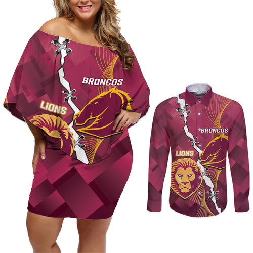 Personalised Lions Football And Broncos Rugby Couples Matching Off Shoulder Short Dress and Long Sleeve Button Shirt Sporty Version