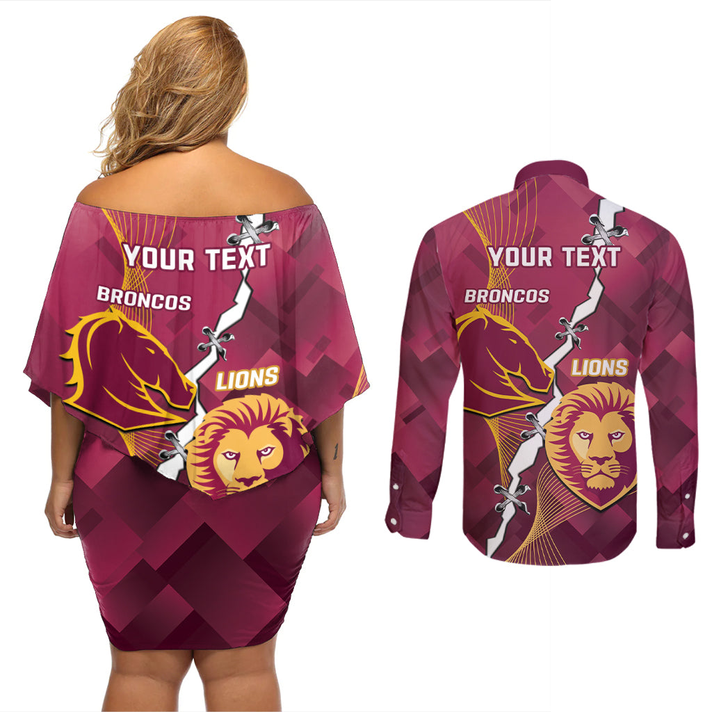 Personalised Lions Football And Broncos Rugby Couples Matching Off Shoulder Short Dress and Long Sleeve Button Shirt Sporty Version