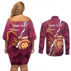 Personalised Lions Football And Broncos Rugby Couples Matching Off Shoulder Short Dress and Long Sleeve Button Shirt Sporty Version