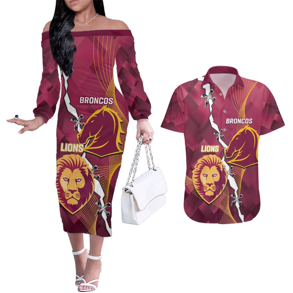 Personalised Lions Football And Broncos Rugby Couples Matching Off The Shoulder Long Sleeve Dress and Hawaiian Shirt Sporty Version