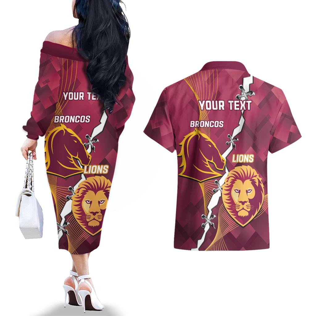 Personalised Lions Football And Broncos Rugby Couples Matching Off The Shoulder Long Sleeve Dress and Hawaiian Shirt Sporty Version