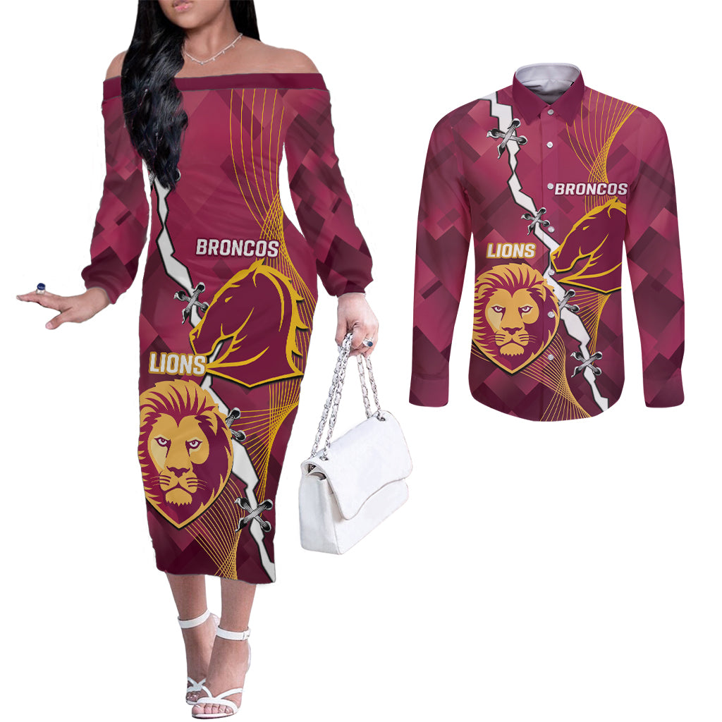 Personalised Lions Football And Broncos Rugby Couples Matching Off The Shoulder Long Sleeve Dress and Long Sleeve Button Shirt Sporty Version