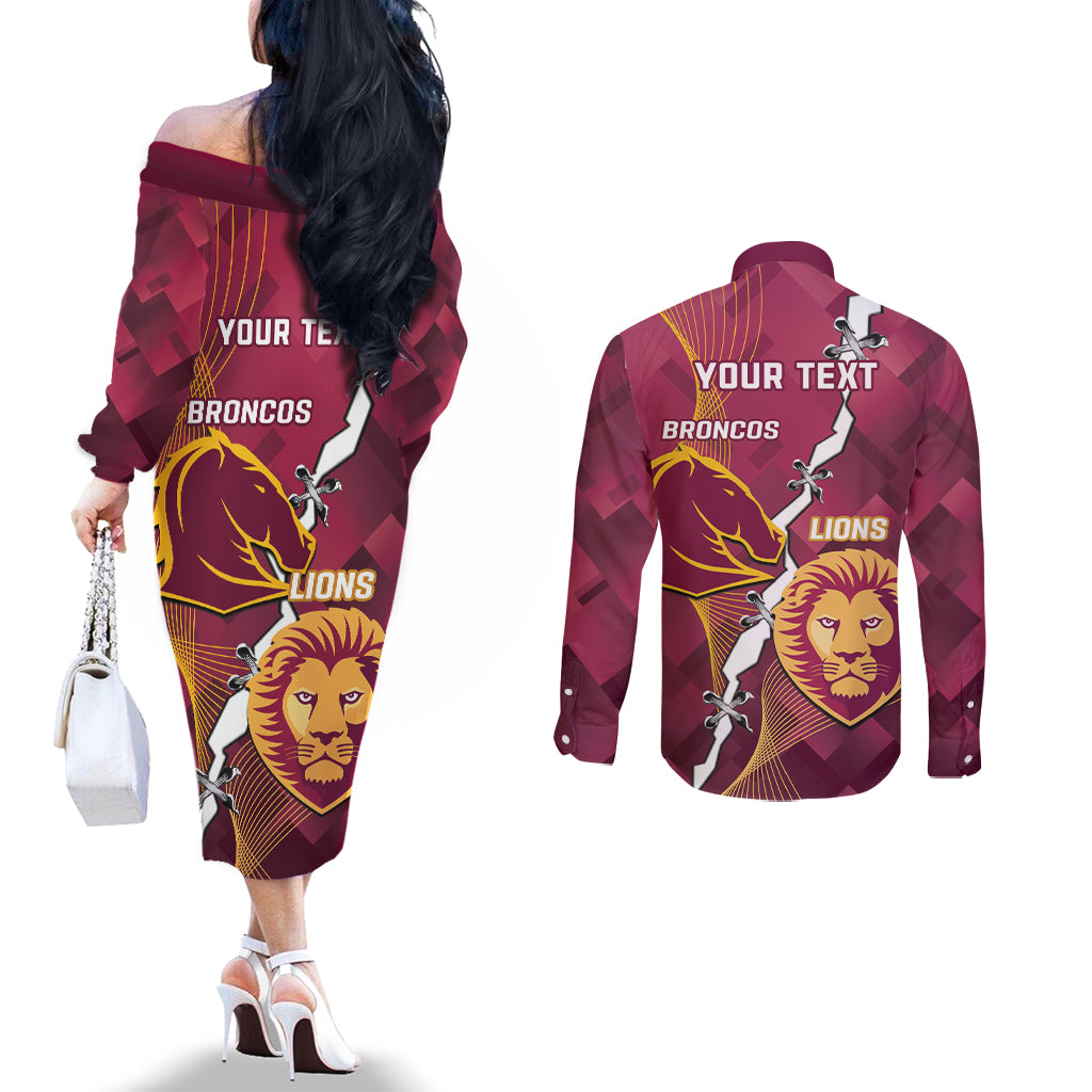 Personalised Lions Football And Broncos Rugby Couples Matching Off The Shoulder Long Sleeve Dress and Long Sleeve Button Shirt Sporty Version