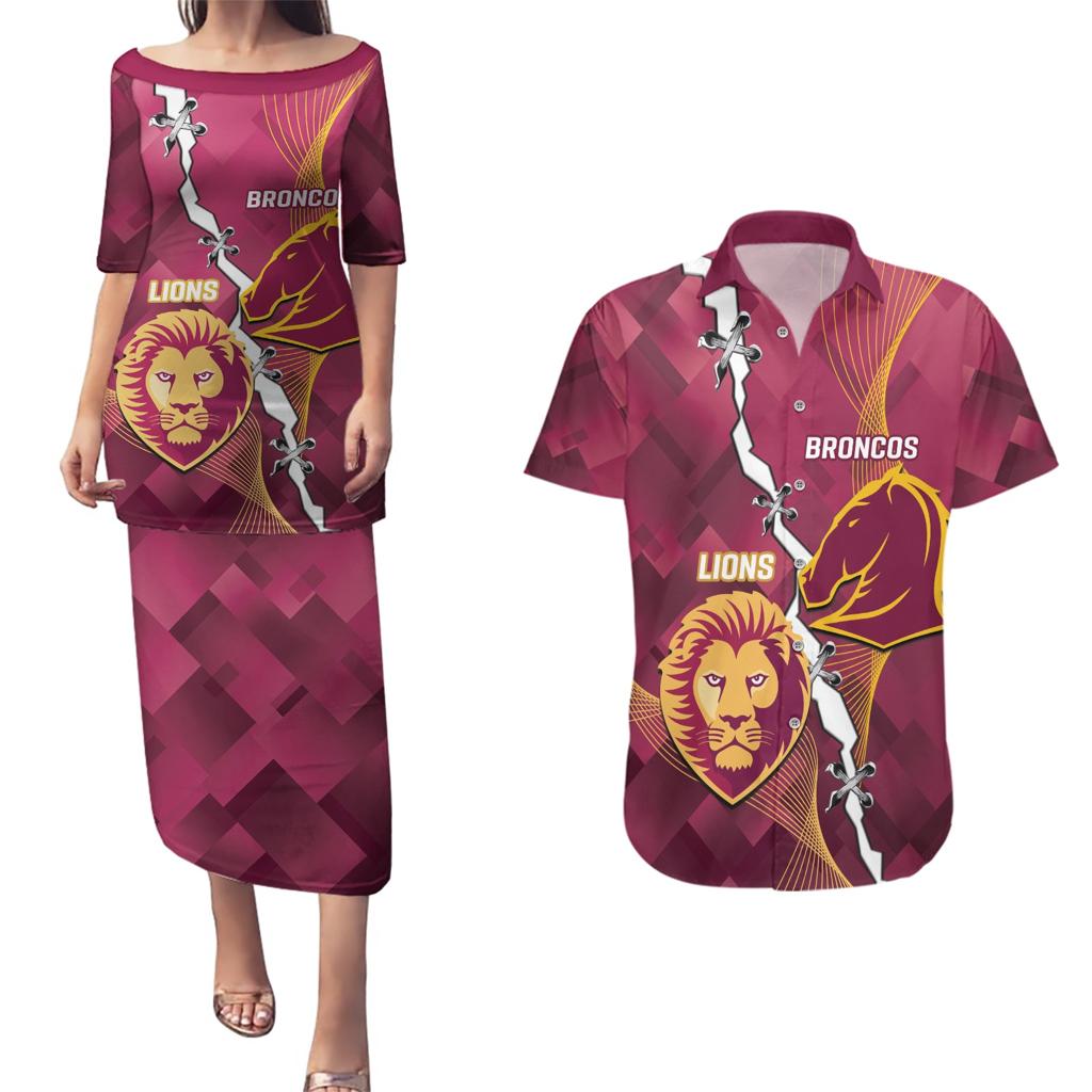 Personalised Lions Football And Broncos Rugby Couples Matching Puletasi and Hawaiian Shirt Sporty Version