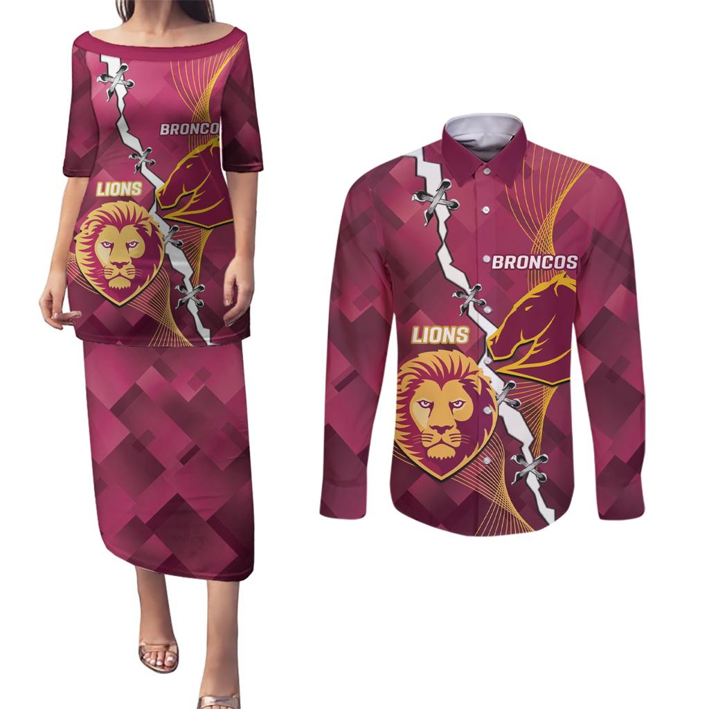 Personalised Lions Football And Broncos Rugby Couples Matching Puletasi and Long Sleeve Button Shirt Sporty Version