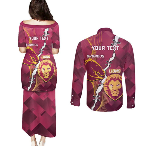 Personalised Lions Football And Broncos Rugby Couples Matching Puletasi and Long Sleeve Button Shirt Sporty Version