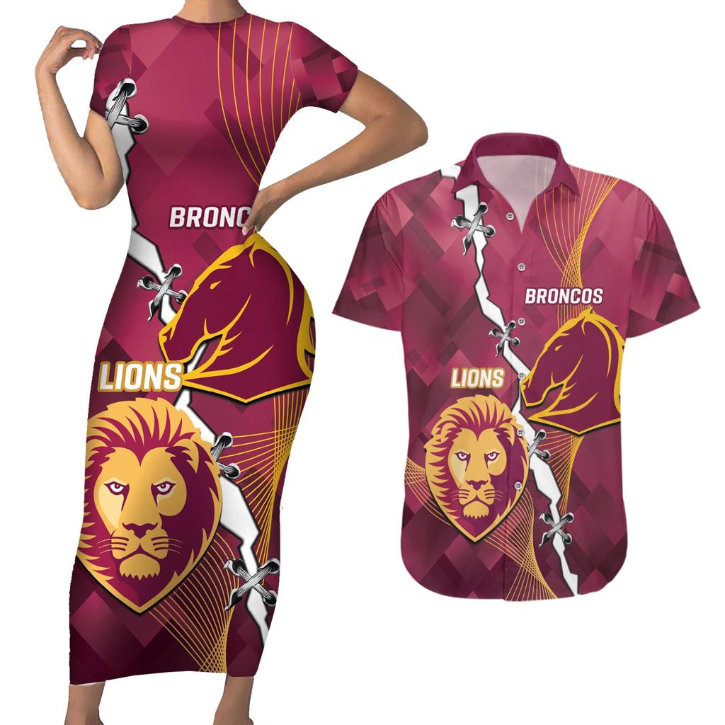Personalised Lions Football And Broncos Rugby Couples Matching Short Sleeve Bodycon Dress and Hawaiian Shirt Sporty Version