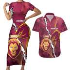 Personalised Lions Football And Broncos Rugby Couples Matching Short Sleeve Bodycon Dress and Hawaiian Shirt Sporty Version