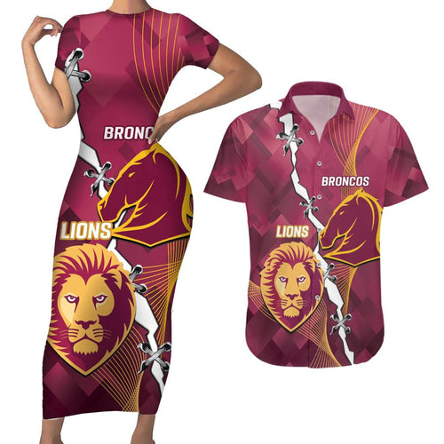 Personalised Lions Football And Broncos Rugby Couples Matching Short Sleeve Bodycon Dress and Hawaiian Shirt Sporty Version