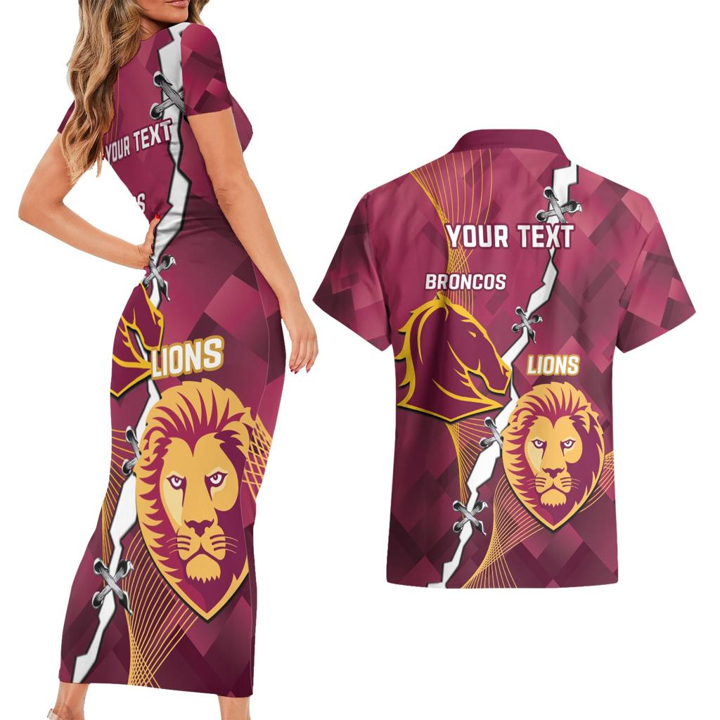 Personalised Lions Football And Broncos Rugby Couples Matching Short Sleeve Bodycon Dress and Hawaiian Shirt Sporty Version