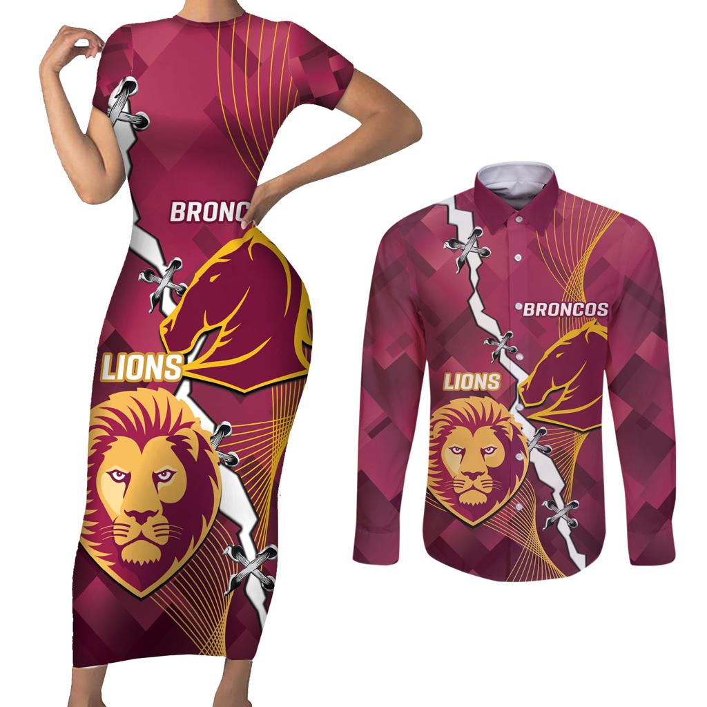 Personalised Lions Football And Broncos Rugby Couples Matching Short Sleeve Bodycon Dress and Long Sleeve Button Shirt Sporty Version