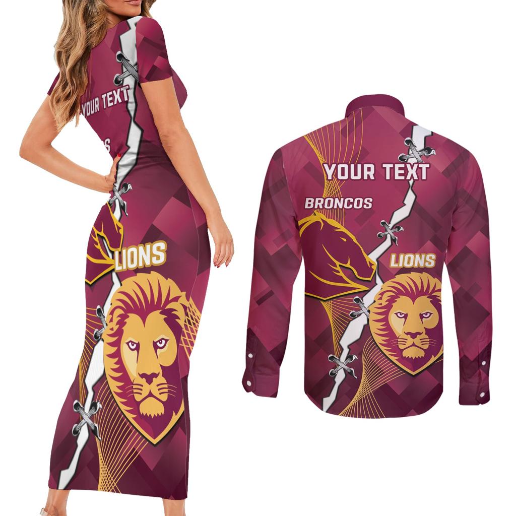 Personalised Lions Football And Broncos Rugby Couples Matching Short Sleeve Bodycon Dress and Long Sleeve Button Shirt Sporty Version