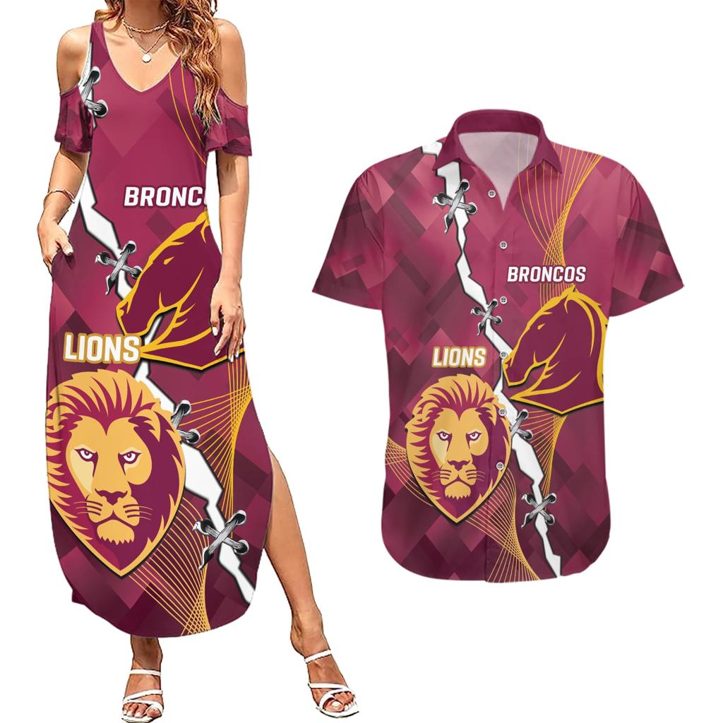 Personalised Lions Football And Broncos Rugby Couples Matching Summer Maxi Dress and Hawaiian Shirt Sporty Version