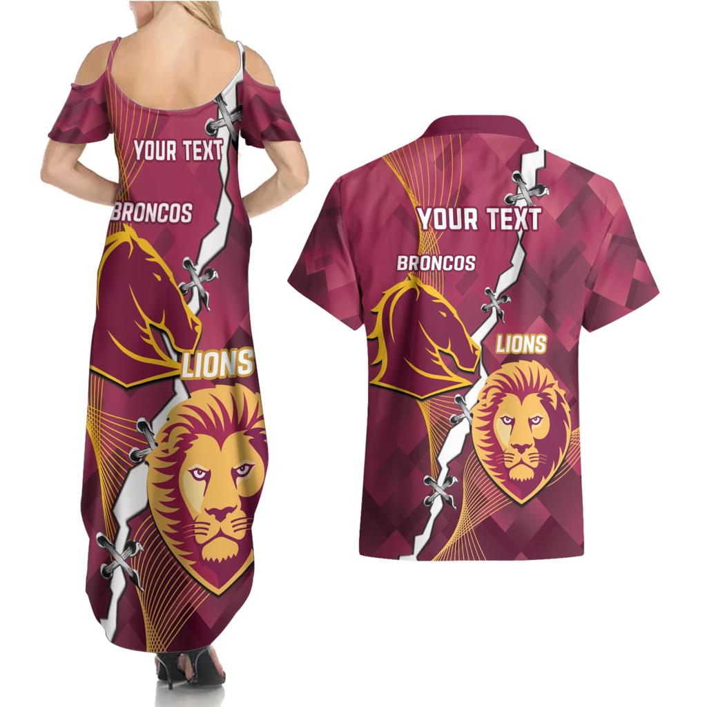 Personalised Lions Football And Broncos Rugby Couples Matching Summer Maxi Dress and Hawaiian Shirt Sporty Version