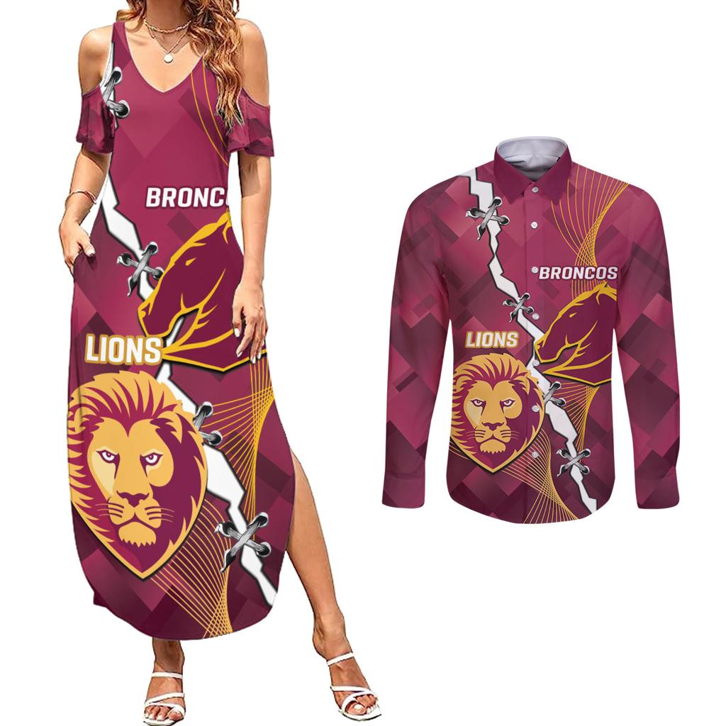 Personalised Lions Football And Broncos Rugby Couples Matching Summer Maxi Dress and Long Sleeve Button Shirt Sporty Version