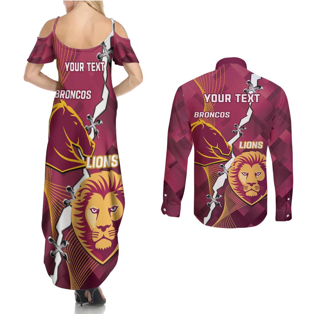 Personalised Lions Football And Broncos Rugby Couples Matching Summer Maxi Dress and Long Sleeve Button Shirt Sporty Version