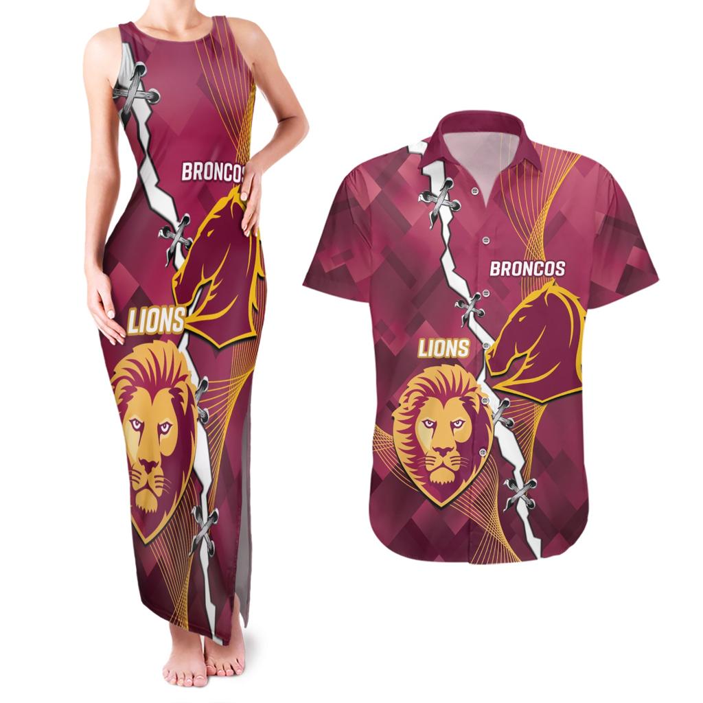Personalised Lions Football And Broncos Rugby Couples Matching Tank Maxi Dress and Hawaiian Shirt Sporty Version