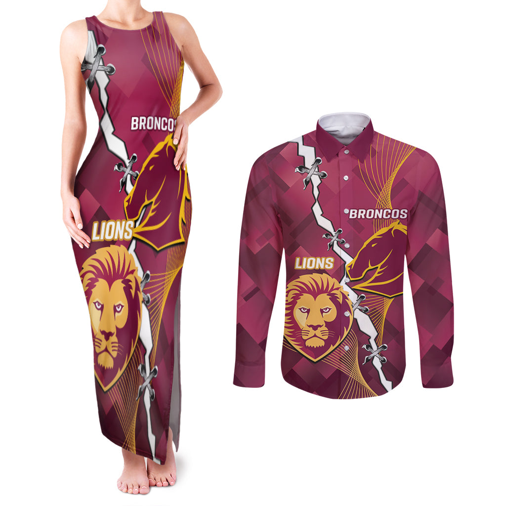 Personalised Lions Football And Broncos Rugby Couples Matching Tank Maxi Dress and Long Sleeve Button Shirt Sporty Version