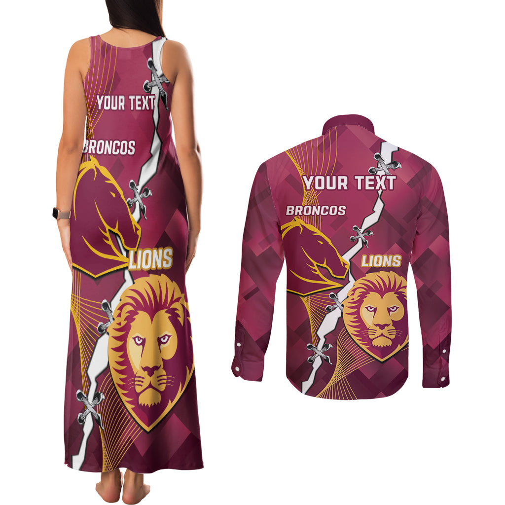 Personalised Lions Football And Broncos Rugby Couples Matching Tank Maxi Dress and Long Sleeve Button Shirt Sporty Version