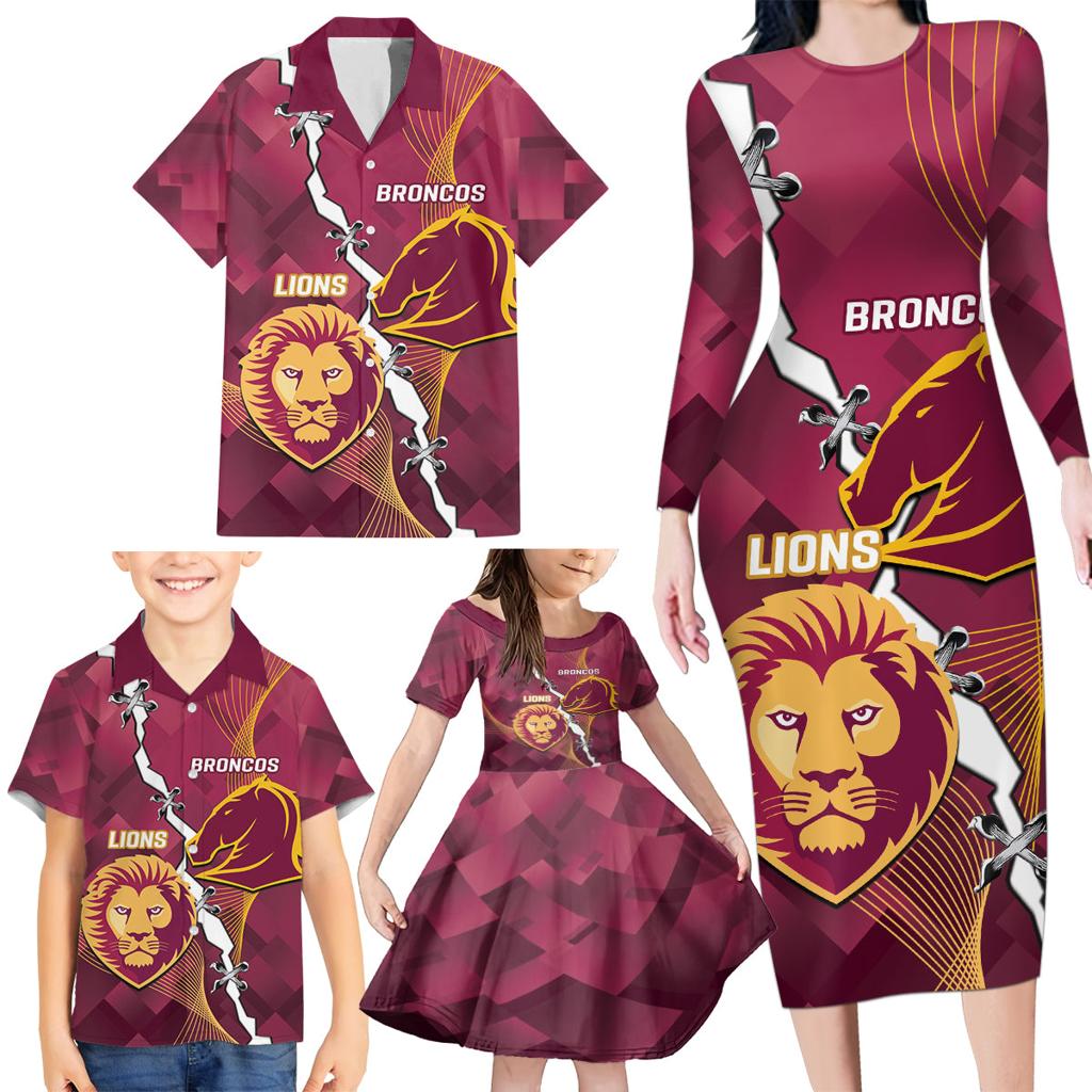 Personalised Lions Football And Broncos Rugby Family Matching Long Sleeve Bodycon Dress and Hawaiian Shirt Sporty Version